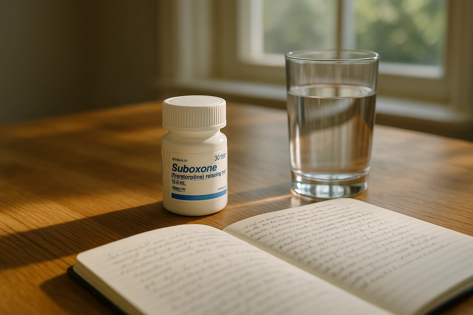 A bottle of Suboxone tablets on a wooden kitchen table, next to a glass of water and an open notebook filled with handwritten notes, with sunlight streaming through a nearby window.