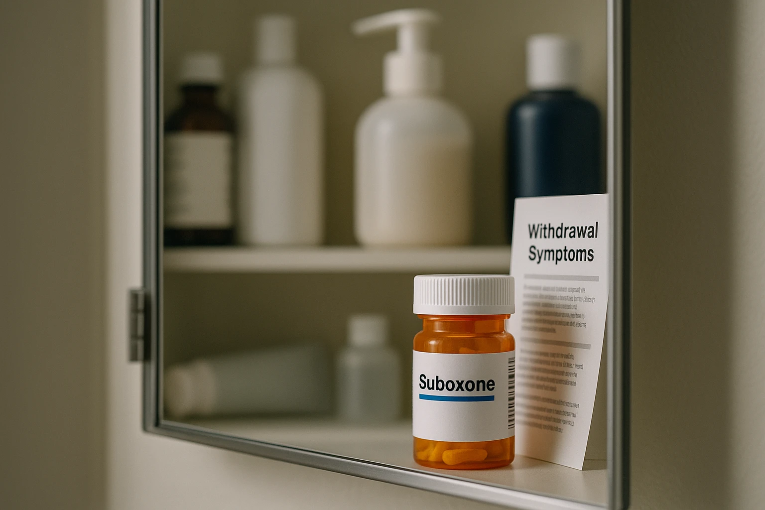 A close-up of a medicine cabinet mirror, slightly ajar, revealing an orange prescription bottle labeled
