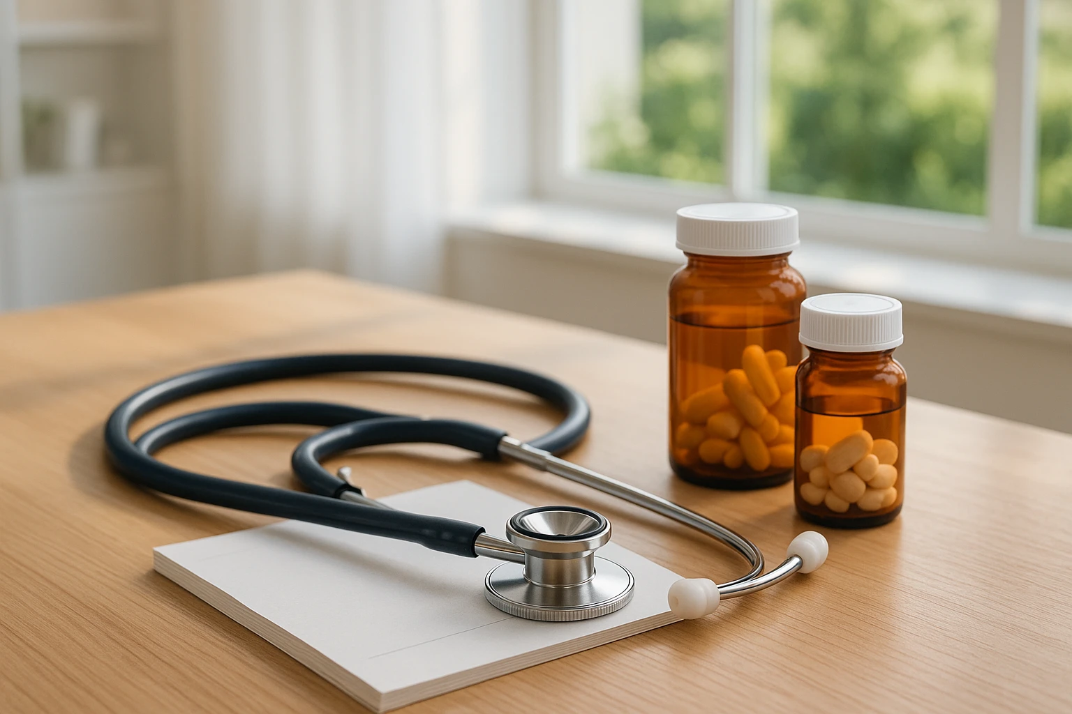 A set of medical tools including a stethoscope, prescription pad, and pill bottles placed on a wooden table in a bright, airy clinic room with a large window showcasing a green garden outside.