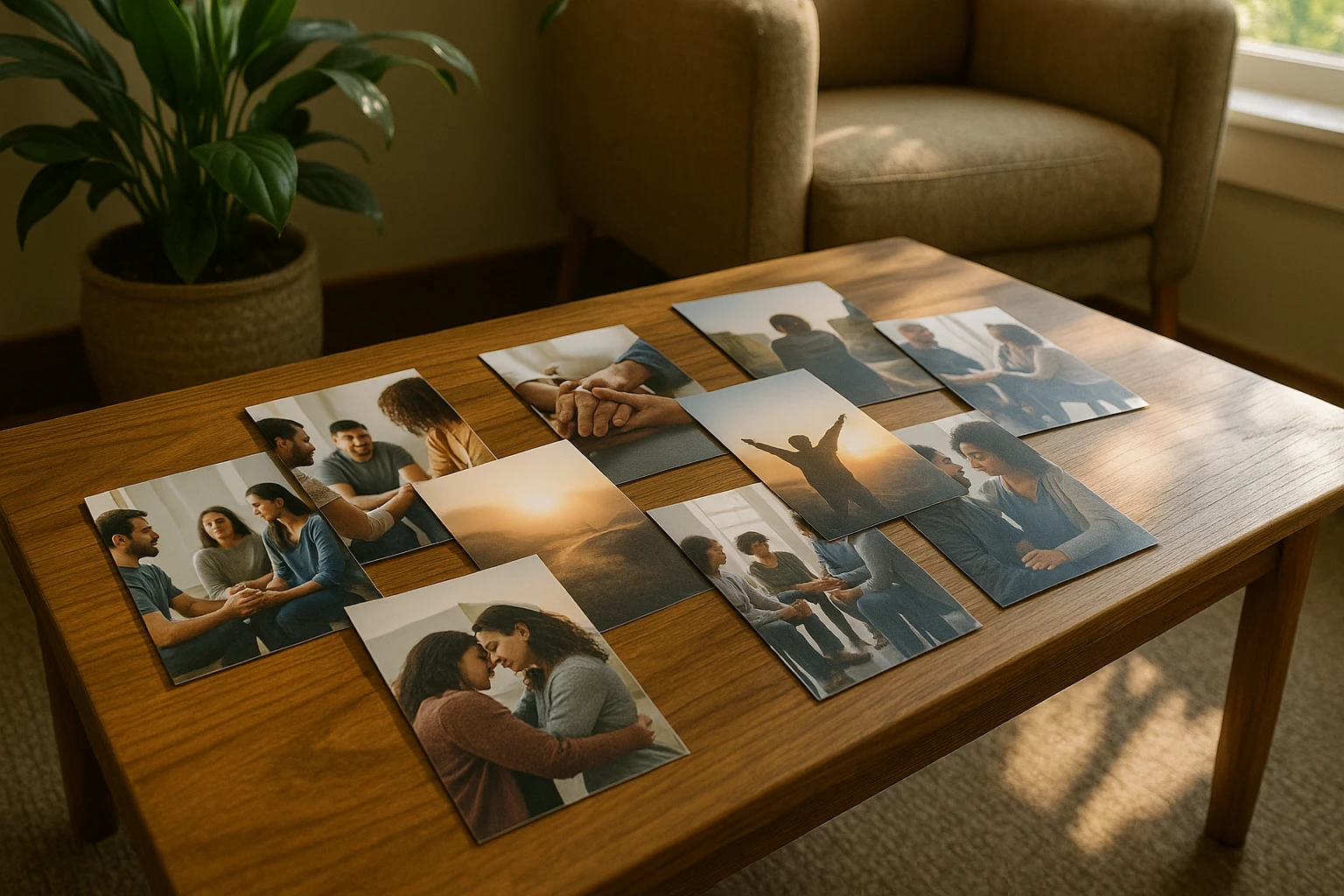 A collection of brochures and pamphlets about addiction recovery and support programs spread out on a wooden coffee table in a cozy waiting room, flanked by a potted plant and sunlight streaming through a window.