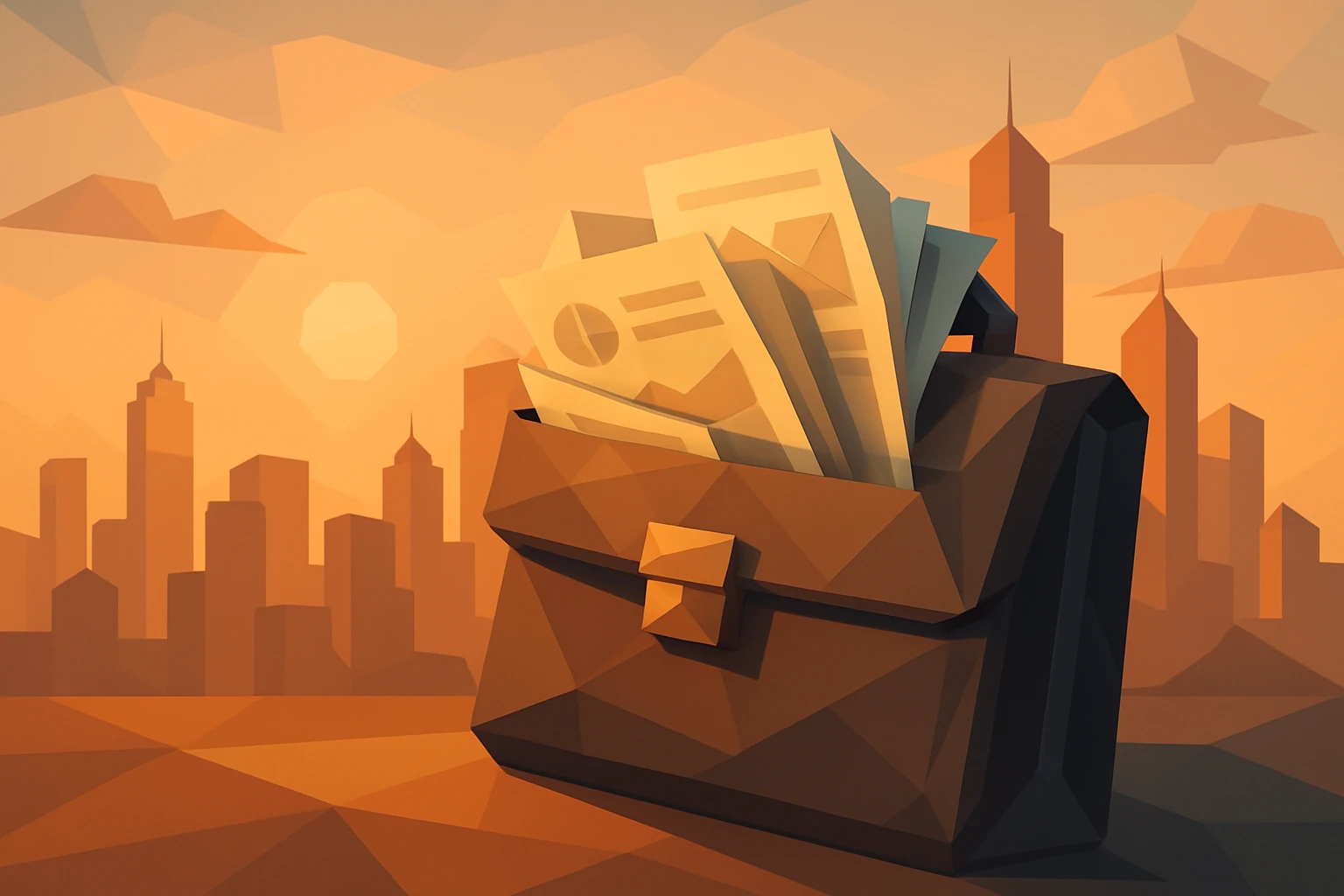 A detailed image of a sleek, modern briefcase overflowing with documents labeled 