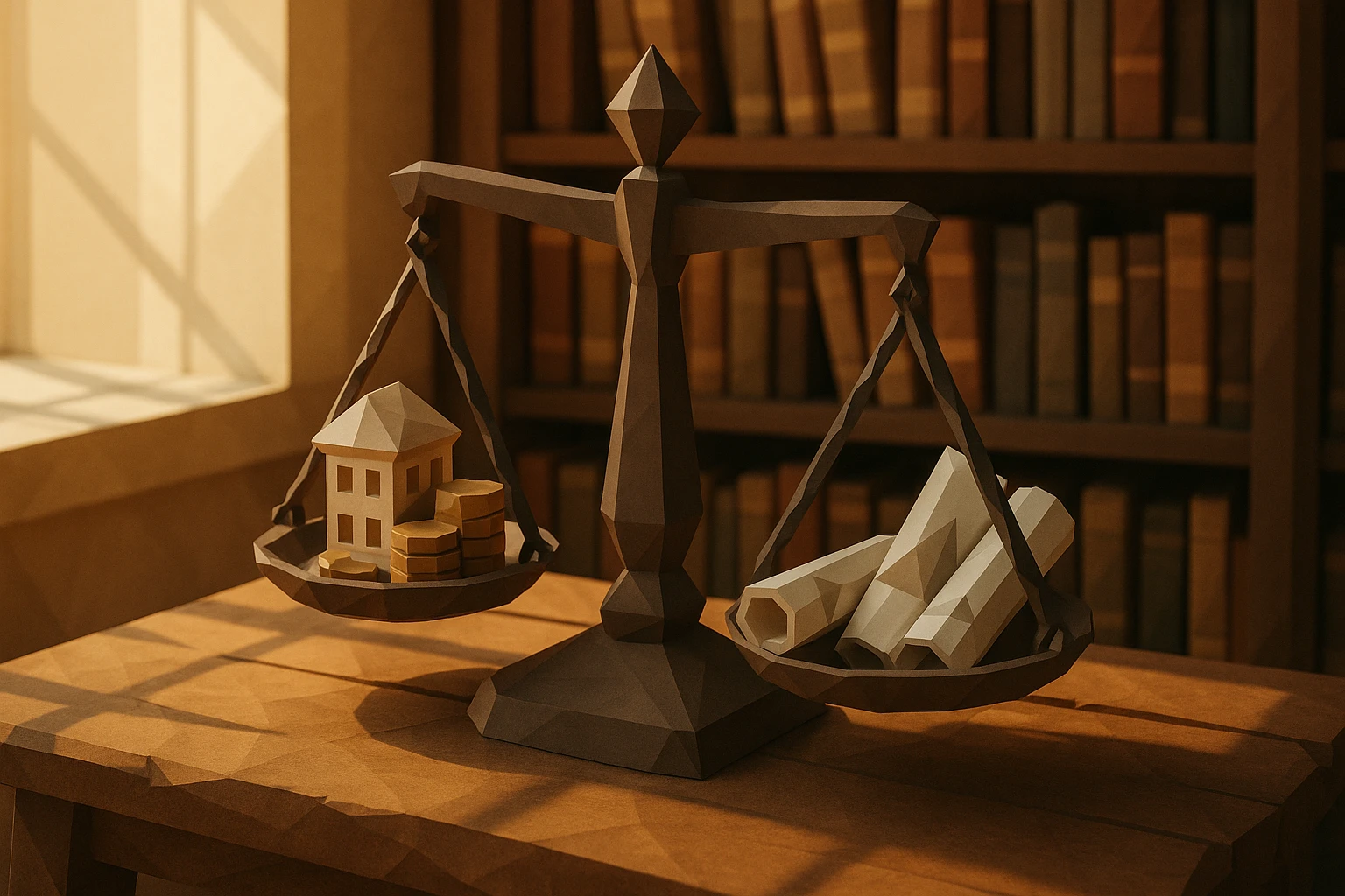 A set of antique weighing scales balanced on a rustic wooden table, with coins and a miniature building model on one side and analytical charts rolled up on the other, set in a sunlit old library with shelves lined with classic finance books.