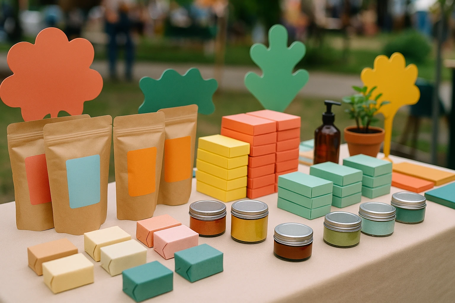A close-up of a vibrant, hands-on display table at an outdoor market, featuring a variety of beautifully packaged products surrounded by pops of decorative signage and small potted plants, inviting customers to engage with the items directly.