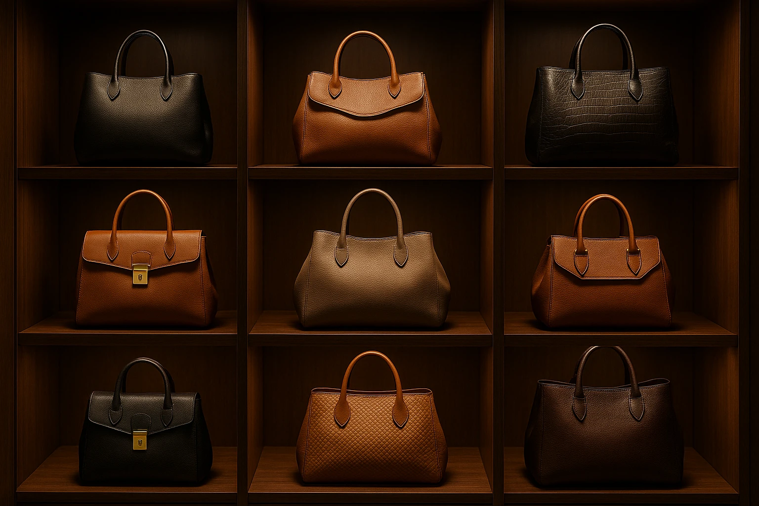 A high-end boutique store showcasing an elegantly arranged display of luxury handbags on wooden shelves, with strategically placed lighting accentuating the richness of the leather textures and unique designs, inviting customers to explore the premium offerings in a refined setting.