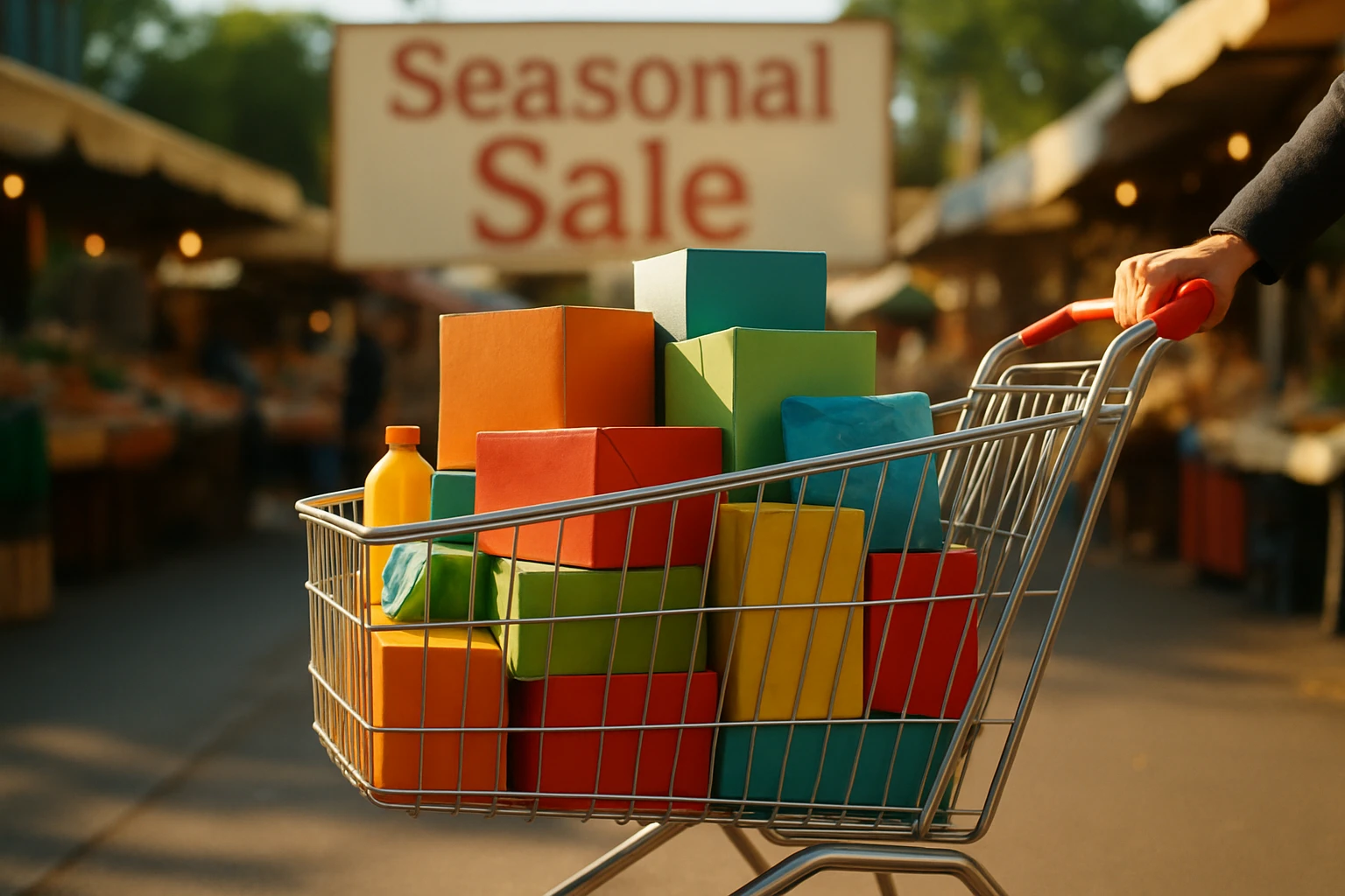 A shopping cart full of colorful boxes and products being pushed through a sunlit outdoor market, with a large sign in the background reading 