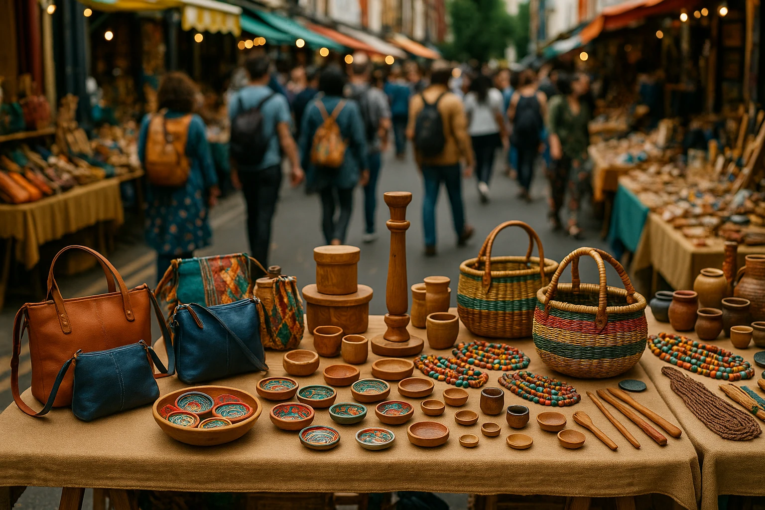 A vibrant, bustling street market scene with a variety of eclectic products displayed on wooden tables, emphasizing handmade goods and artisanal crafts, while a chalkboard sign highlights 