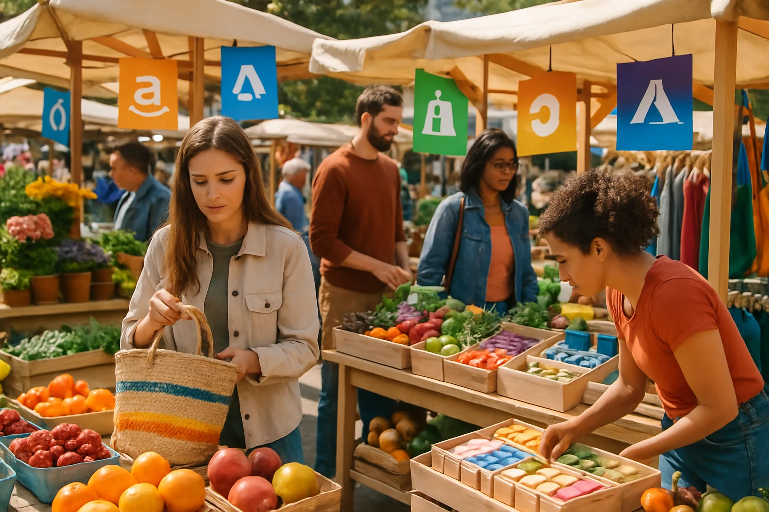 A vibrant outdoor market scene with a variety of colorful products displayed on wooden stalls, shoppers examining items, and signs displaying different ecommerce platforms.