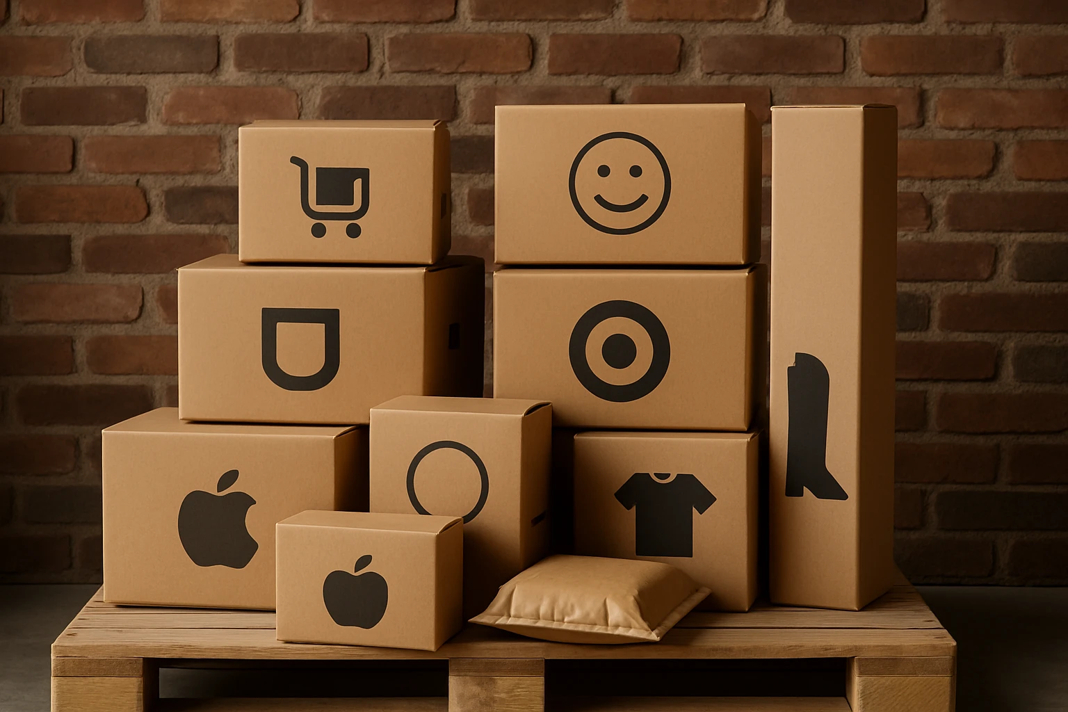 A display of diverse ecommerce product shipping boxes and packages, labeled with various industry logos, stacked neatly on a wooden palette in front of a rustic brick wall.