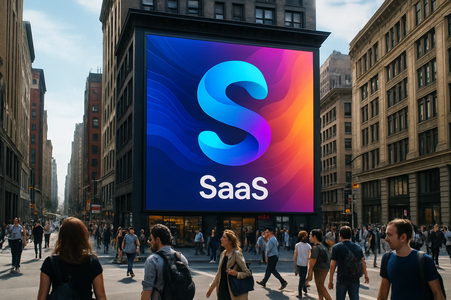 A vibrant city street with a prominent billboard displaying dynamic graphics of a SaaS company's logo and tagline, surrounded by bustling pedestrians and urban architecture.