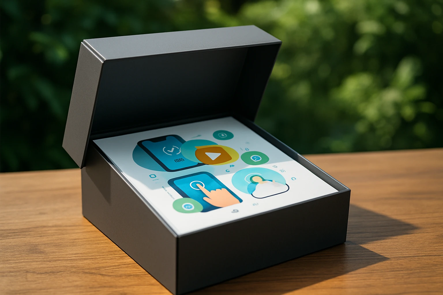 A sleek, modern product packaging box on a wooden table, partially opened to reveal a printed user guide with vibrant illustrations and icons representing seamless user experiences, set against a backdrop of lush greenery.
