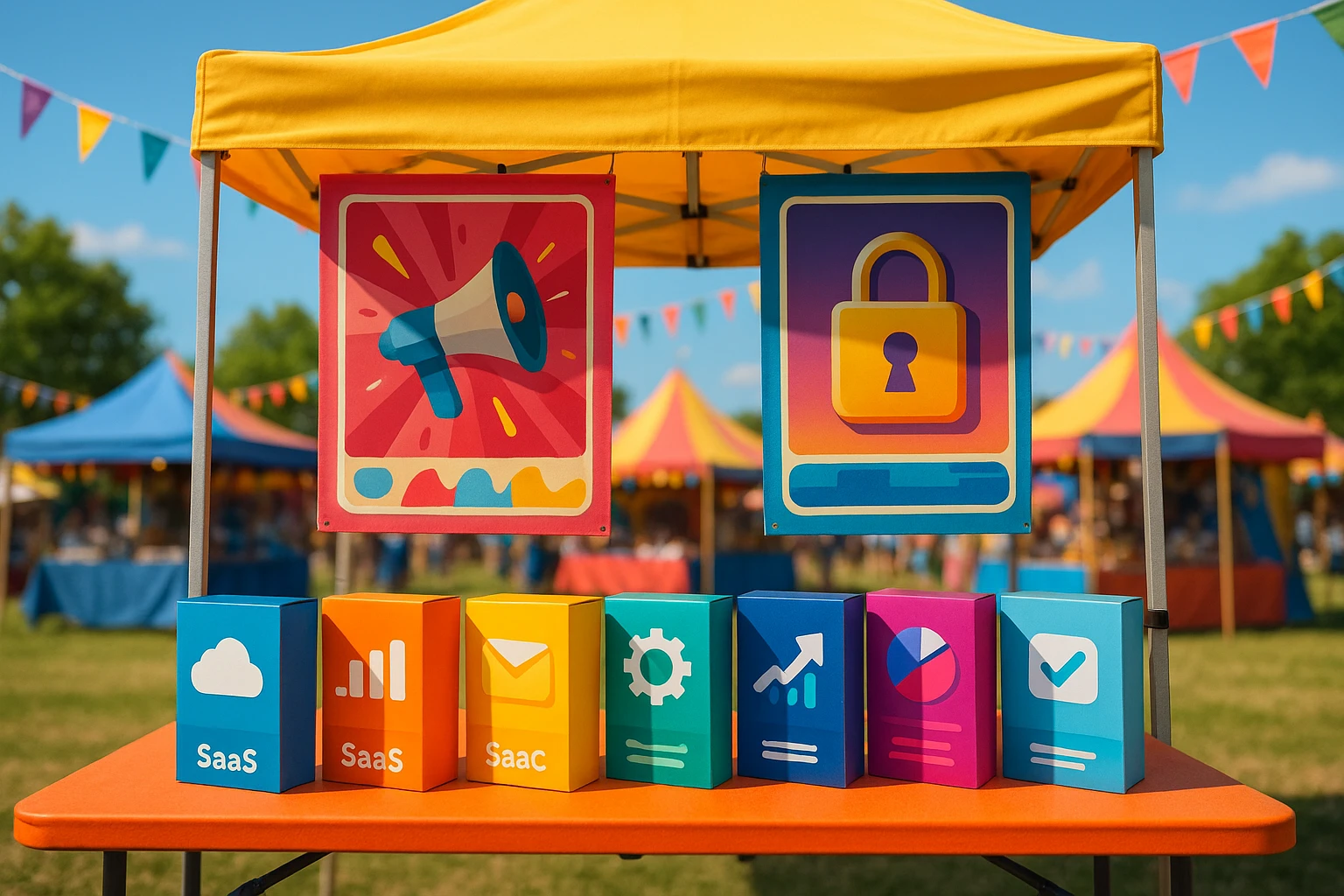 A colorful, interactive marketplace stall showcasing a variety of SaaS product boxes, with posters highlighting 