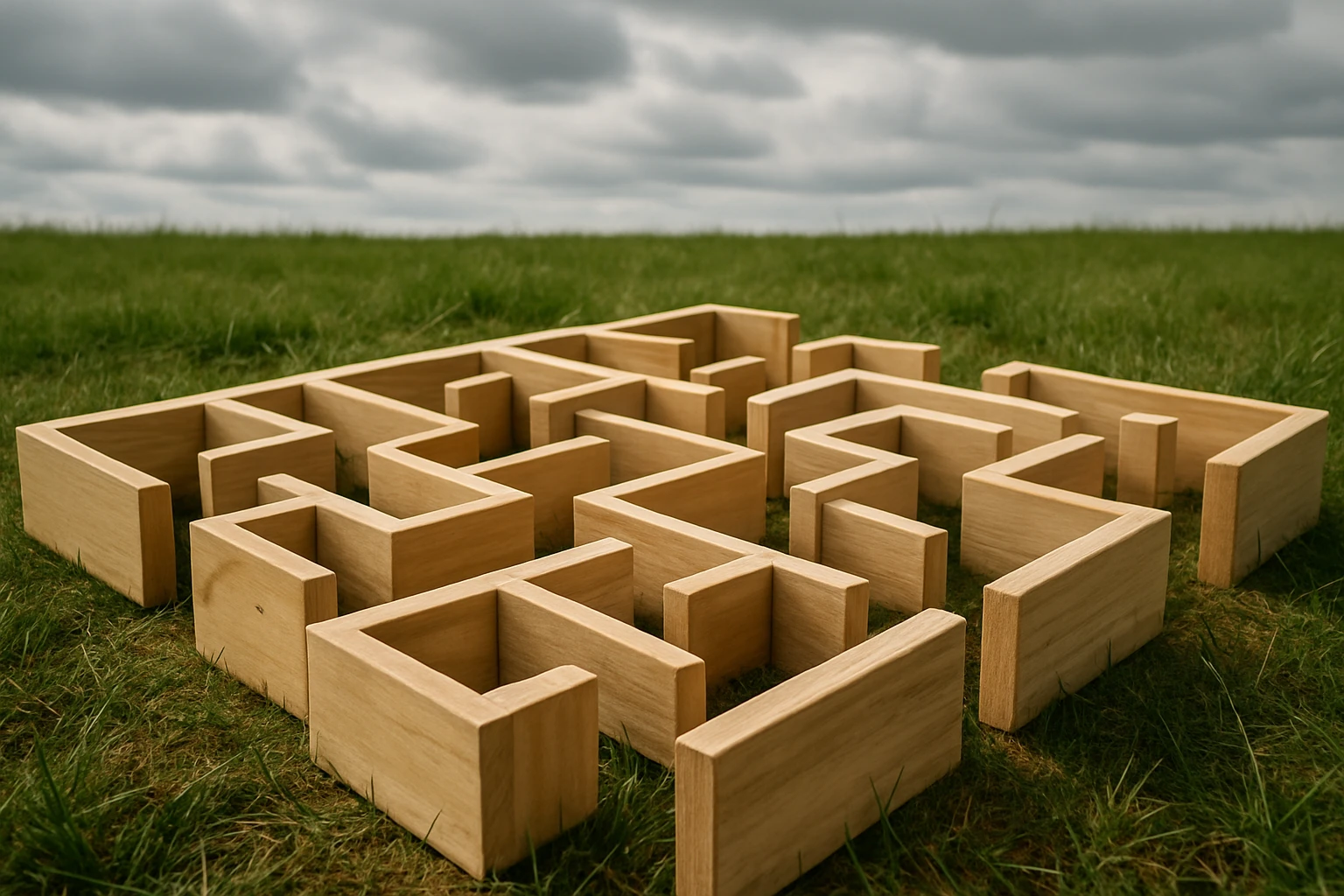 A maze made of wooden blocks, each labeled with 