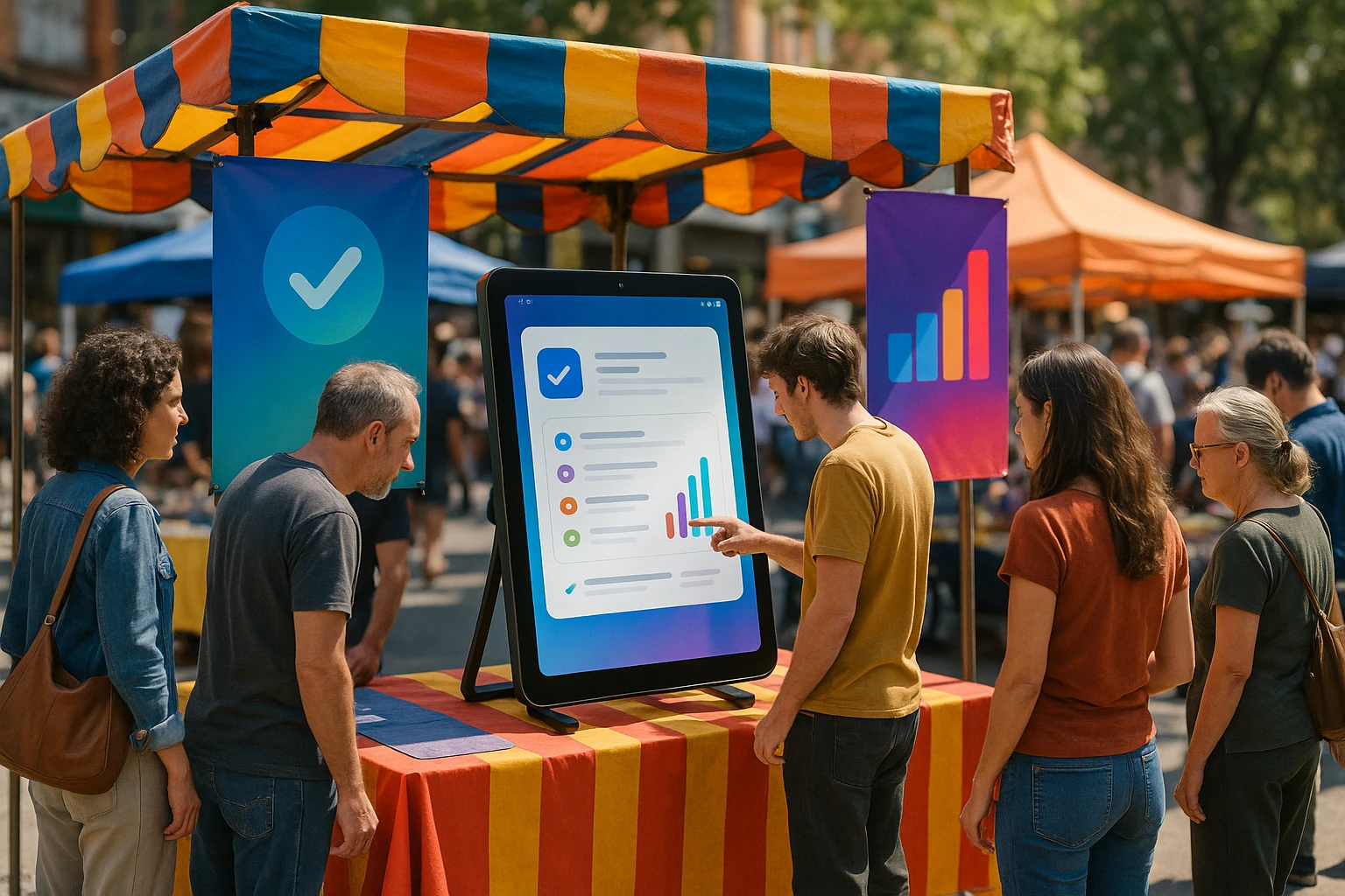 A bustling outdoor marketplace with a colorful booth showcasing a digital product on a large tablet stand, surrounded by vibrant promotional banners and curious passersby examining the features.