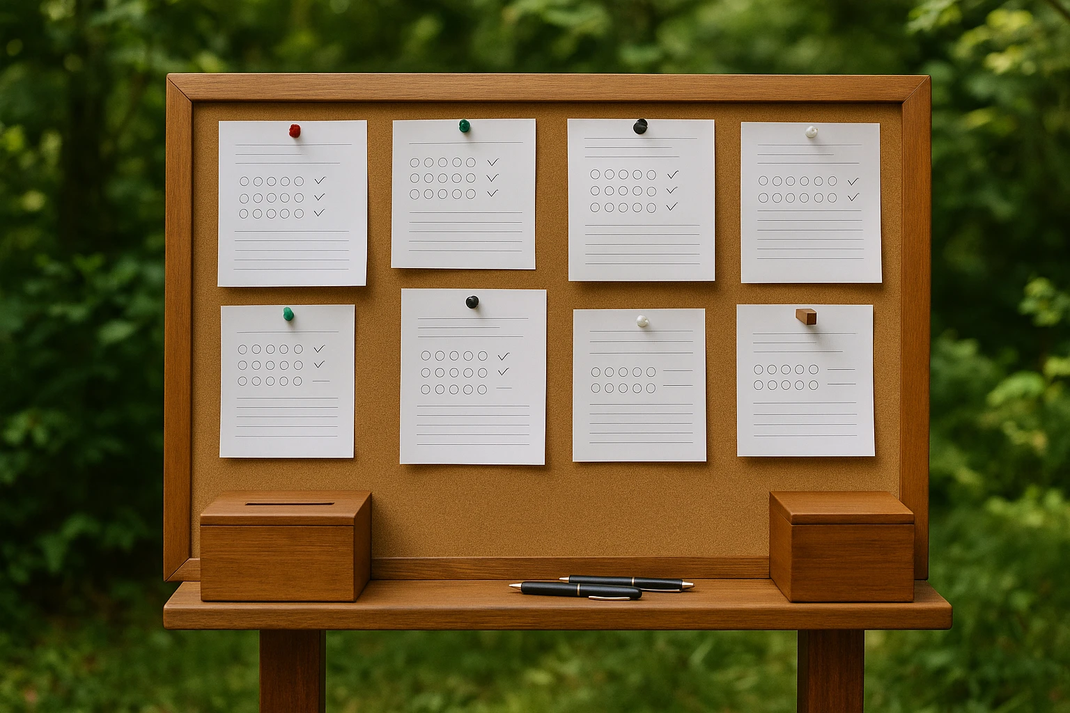 A wooden bulletin board outdoors covered with pinned surveys and feedback forms, surrounded by greenery, with pens and suggestion boxes nearby.