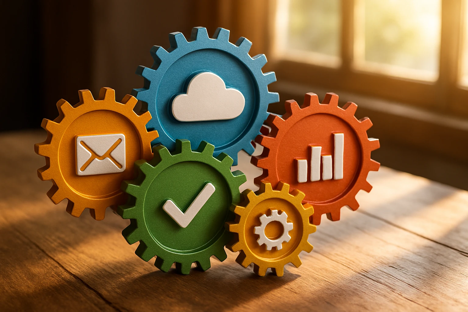 A series of vibrant, interlocking gears and cogs representing different SaaS tools and applications, positioned on a wooden table, with sunlight streaming through a nearby window, illuminating their intricate designs and symbolizing seamless integration and optimization.