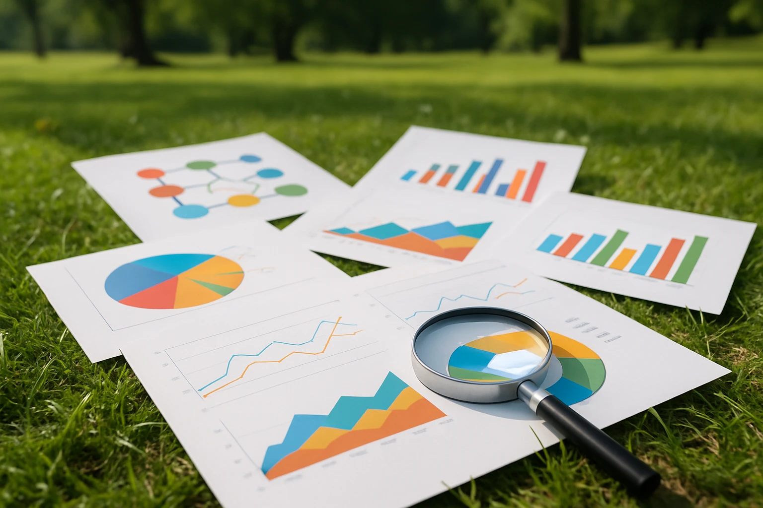 An array of colorful flowcharts and graphs printed on large sheets of paper, spread out across a grassy park area, with a magnifying glass placed over one section to symbolize exploring data-driven insights in a fresh, outdoor setting.