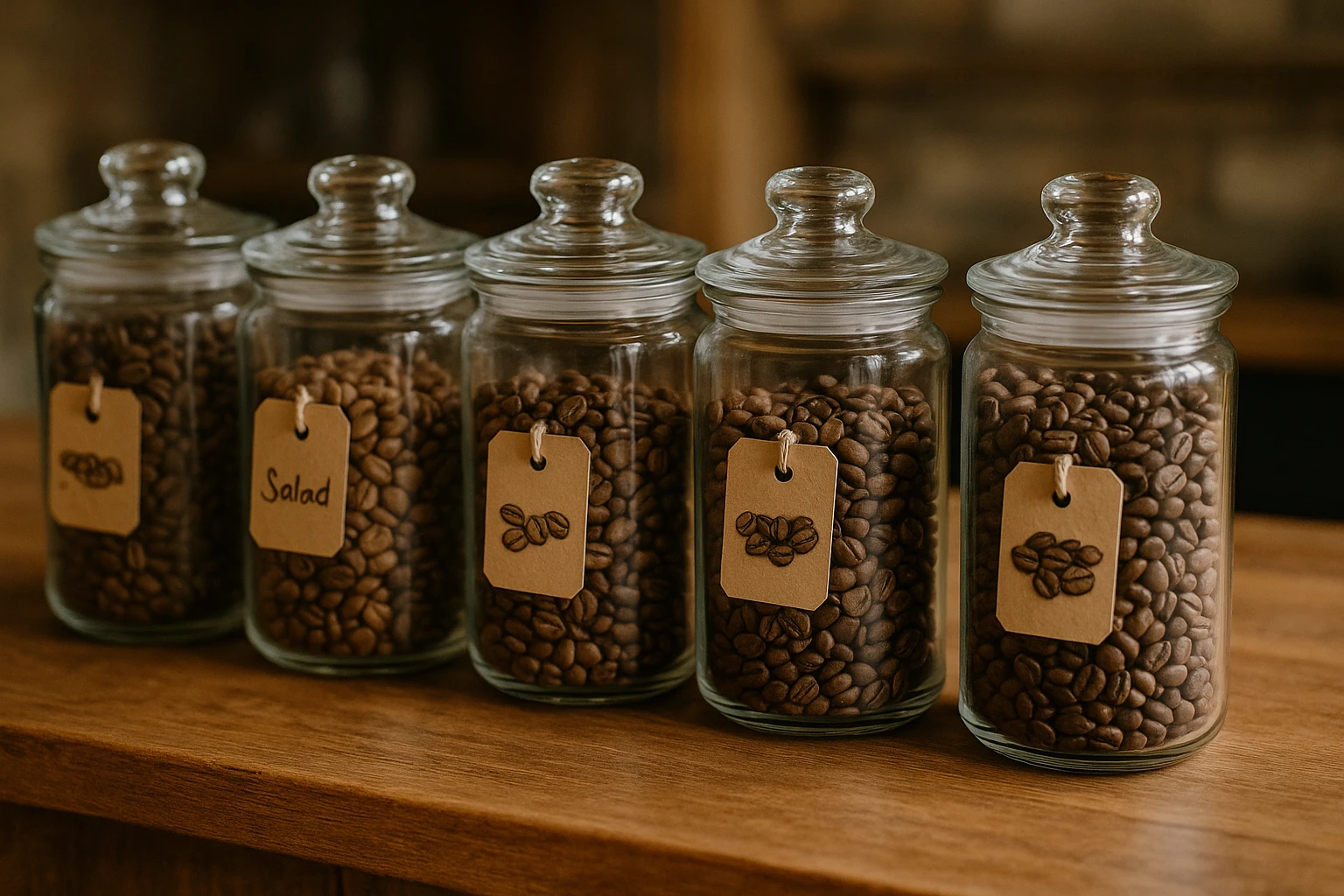 A selection of coffee beans displayed in glass jars on a wooden counter, with hand-written labels, as a metaphor for a personalized onboarding process in a SaaS environment.