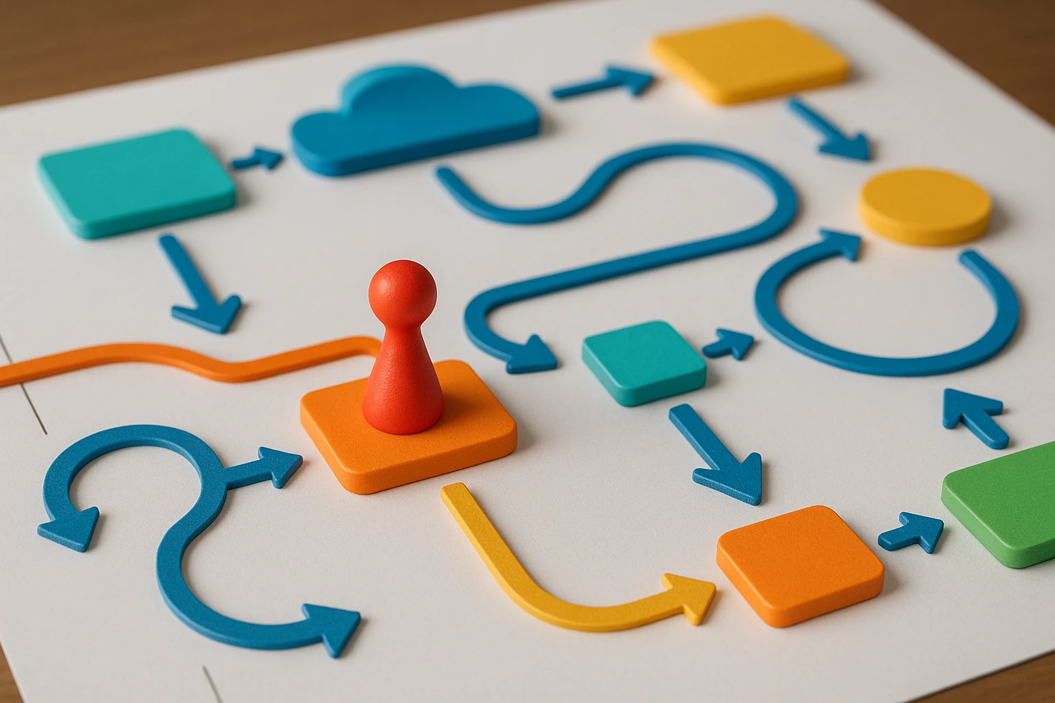 A close-up of a colorful, interactive flowchart with movable pieces, resembling a board game, symbolizing a personalized onboarding journey for a SaaS platform.