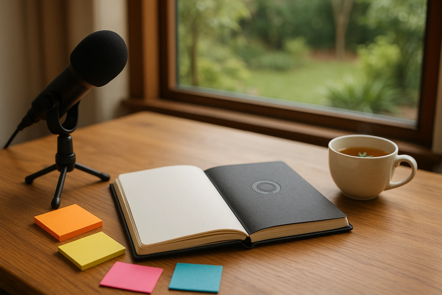 A mindful setting with a coach's branded journal open on a wooden table, surrounded by colorful sticky notes, a microphone, and a cup of herbal tea, placed near a window with a view of a serene garden.