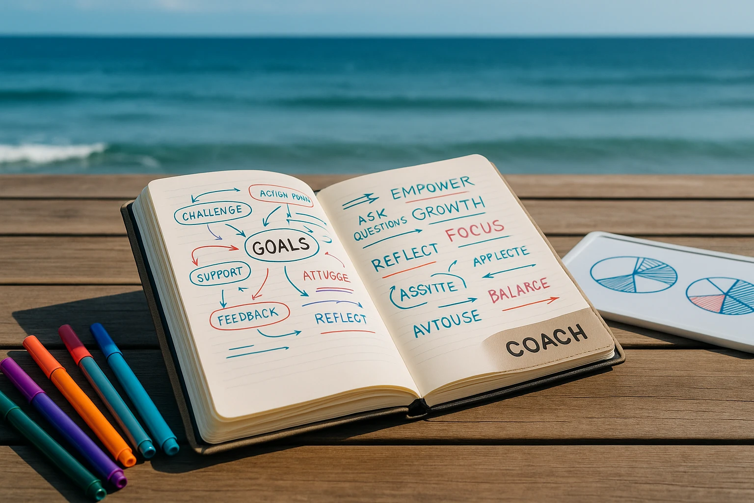 A coach's branded planner open to a page filled with coaching strategies and motivational quotes, surrounded by vibrant marker pens and a small whiteboard with pie charts drawn on it, resting on a wooden deck overlooking the ocean.