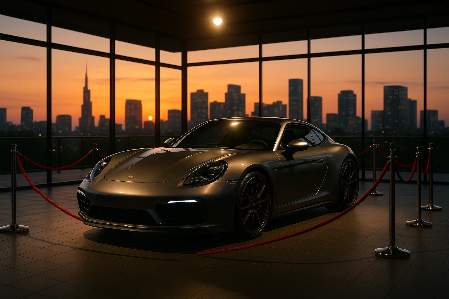 A luxurious, open-air showroom featuring an elegant, high-end sports car under a spotlight, surrounded by velvet ropes with a background of tall glass windows overlooking a bustling city skyline at sunset.