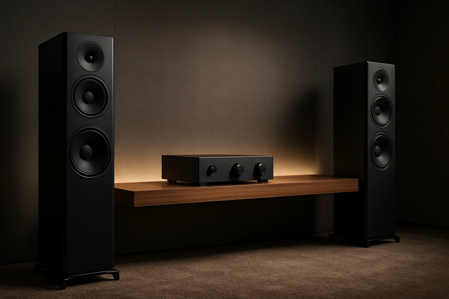 A sleek, minimalistic showroom displaying a high-end audio system on a polished wooden shelf, with ambient lighting highlighting the texture of the speaker grills and a luxurious carpet underfoot, exuding an air of exclusivity and sophistication.