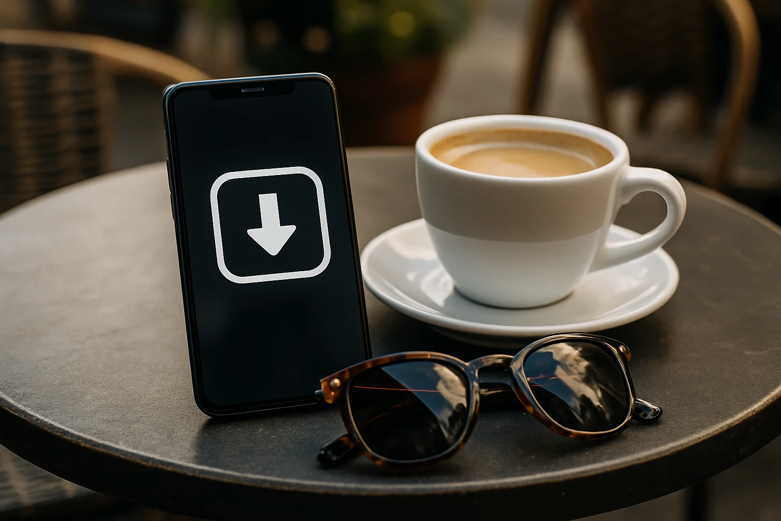 A digital download icon displayed on a smartphone screen, positioned on an outdoor café table next to a cup of coffee and a pair of stylish sunglasses, suggesting ease and convenience in accessing digital products while on the go.