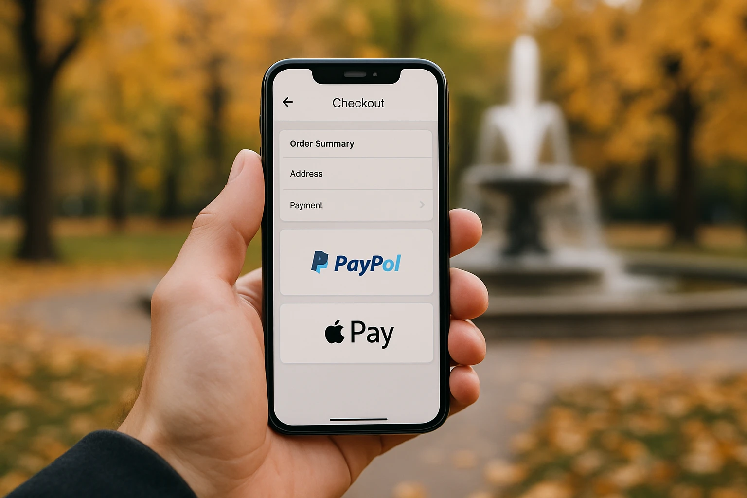 A close-up of a smartphone held in one hand, displaying a checkout page with recognizable payment logos like PayPal and Apple Pay, set against the backdrop of a park with a fountain and autumn leaves.