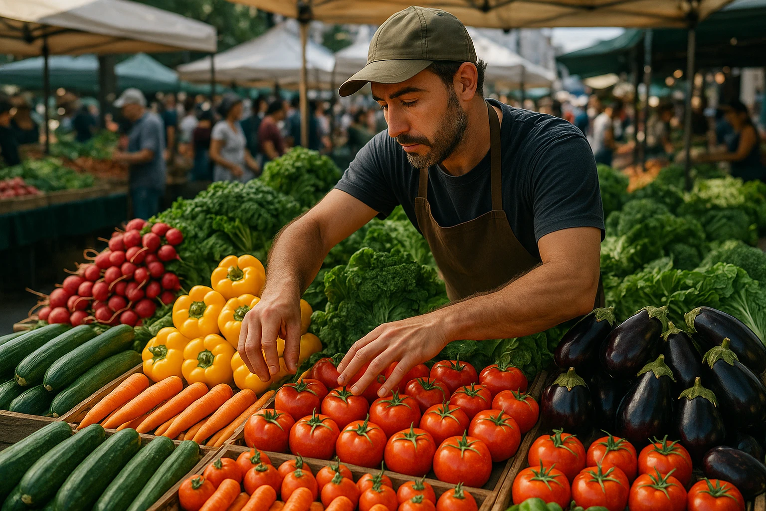 A bustling farmer's market scene where a vendor is creatively arranging colorful produce into a visually appealing display, symbolizing strategic organization and engagement to attract customers.