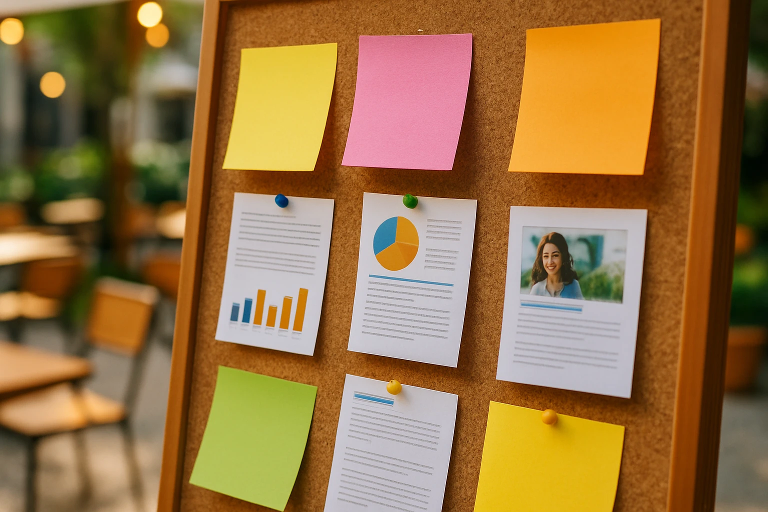 A close-up of colorful sticky notes and brochures pinned on a vibrant corkboard, showcasing a well-organized array of lead nurturing strategies such as handwritten notes, industry insights, and client testimonials in an upbeat outdoor café setting.