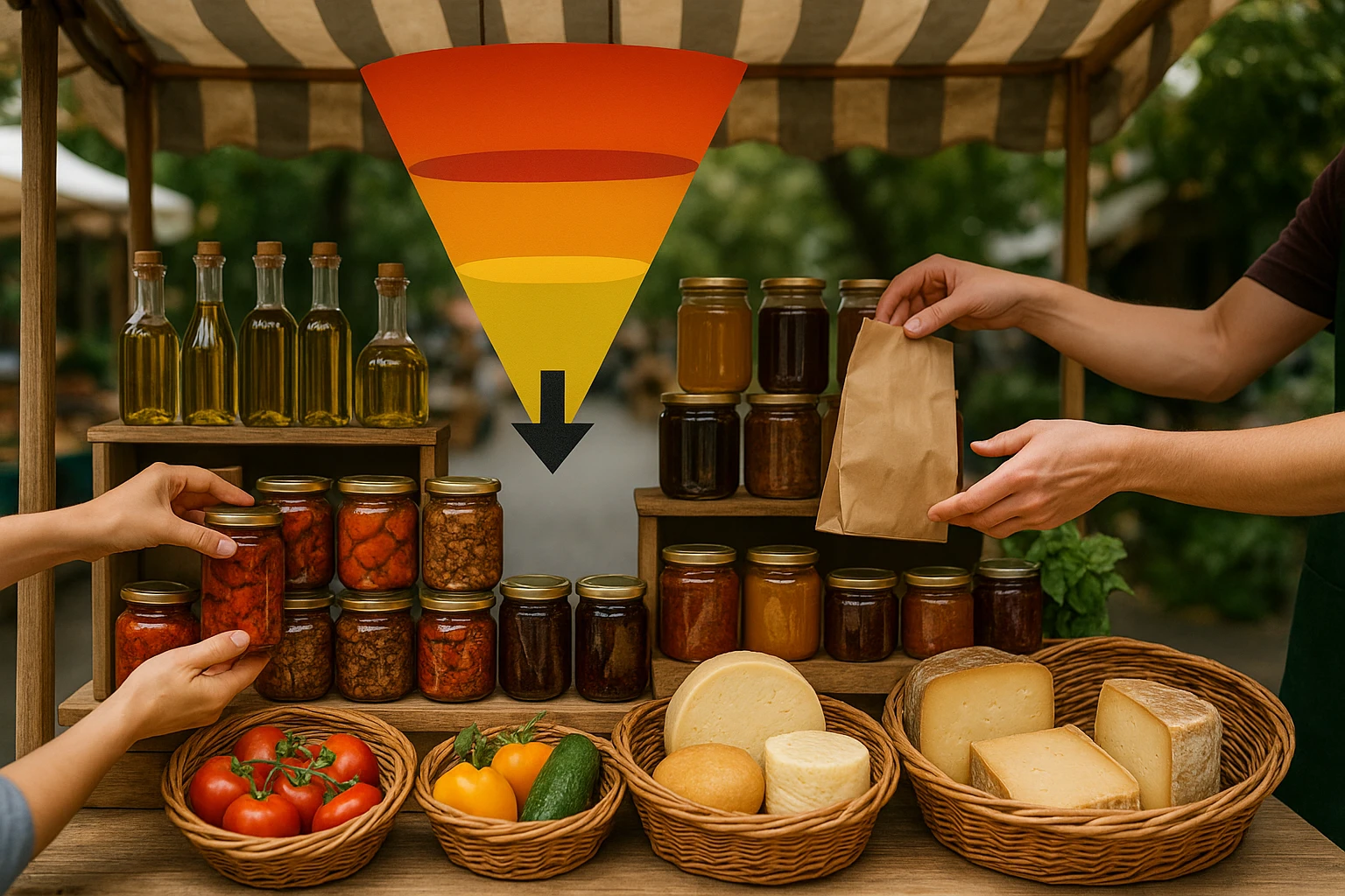 A vibrant outdoor market stall displaying a variety of artisanal products, with colorful signage showing a clear flow from selection to purchase, illustrating the concept of a customer journey in a business funnel.