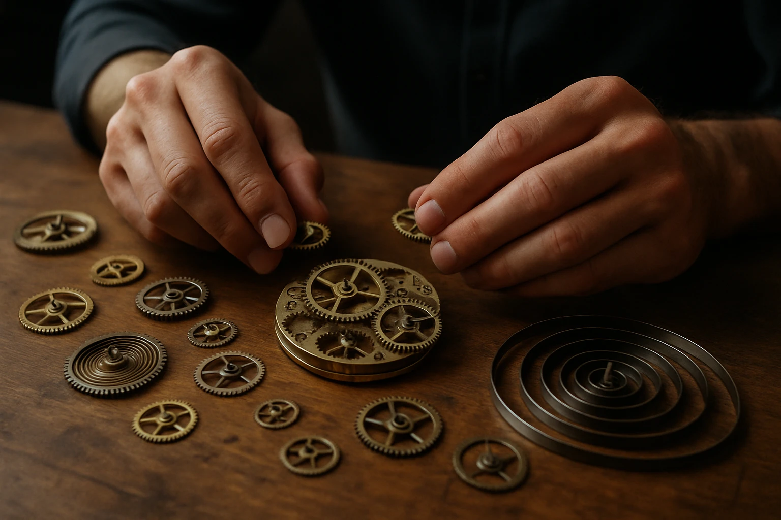 A close-up of a craftsman’s hands carefully arranging intricate clock gears and springs on a wooden table, illustrating the precision and complexity needed to make some business funnels successful.