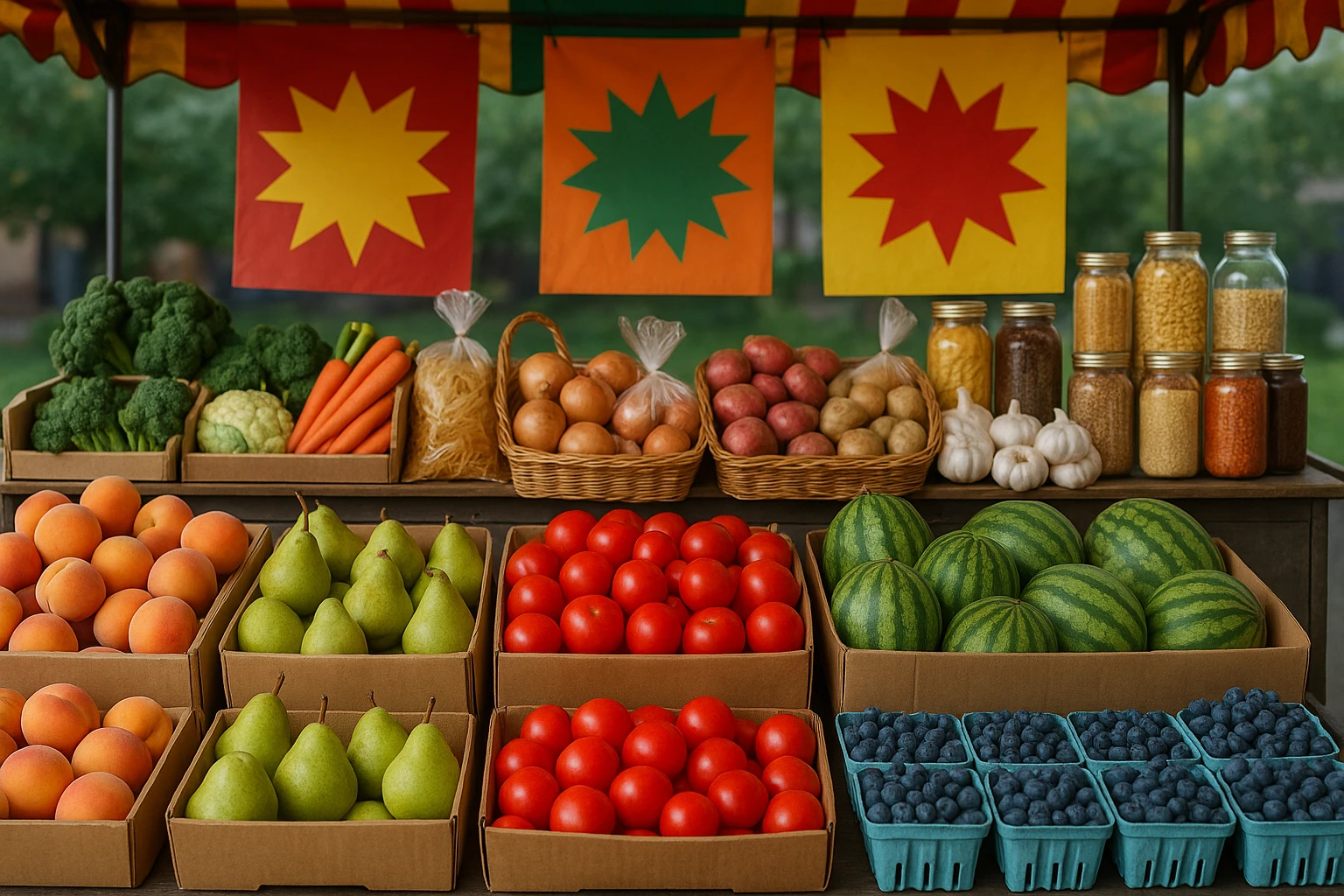 A vibrant market stall showcasing a diverse array of products arranged appealingly, with colorful banners highlighting special deals, inviting customers to explore and purchase.