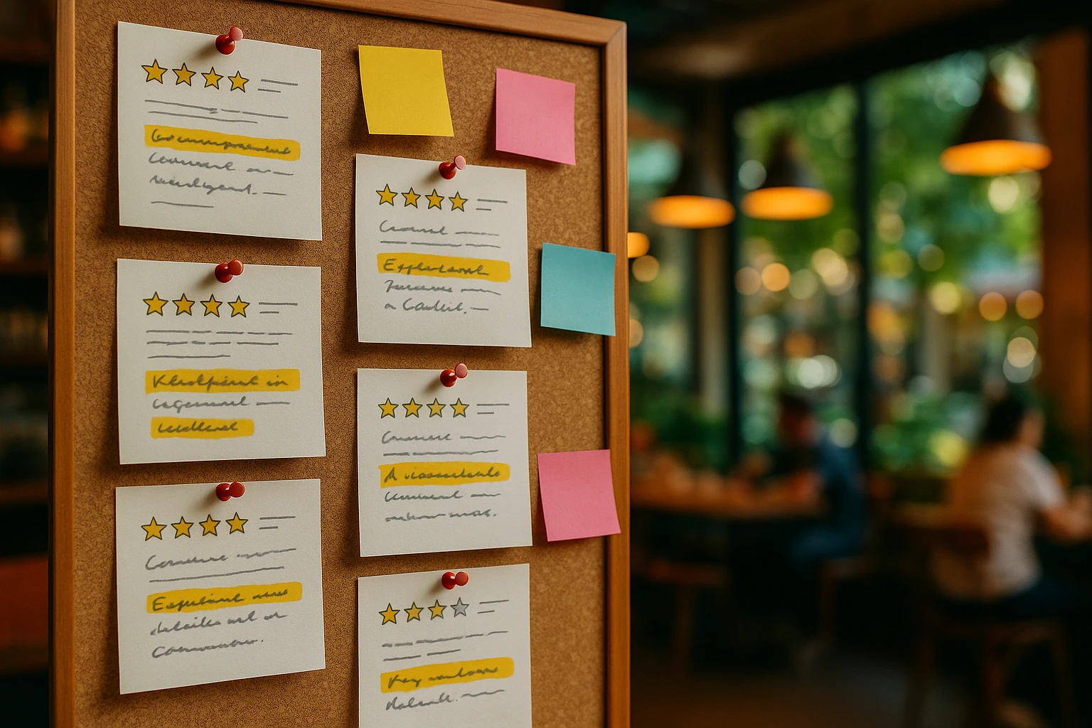 An array of customer feedback cards displayed on a bulletin board, with sticky notes and highlighted comments, set in a vibrant café environment, creating a dynamic backdrop for creative brainstorming and user-centered design.