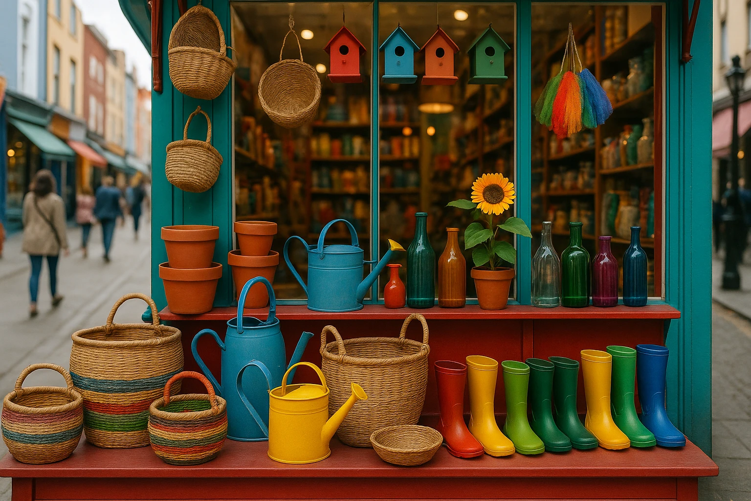 Colorful storefront display with diverse products neatly arranged, inviting shoppers to explore, set against a vibrant street bustling with potential customers walking by.