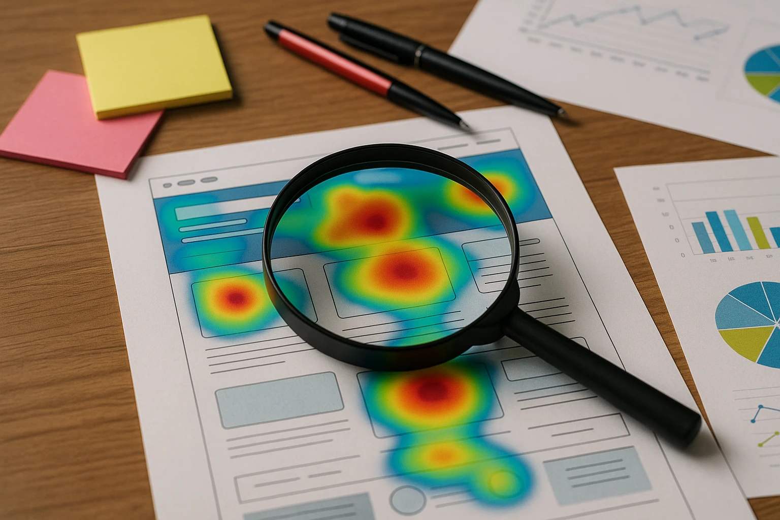 A magnifying glass hovering over a website heatmap printed on paper, with colorful hotspots highlighting patterns of user interaction, surrounded by sticky notes, pens, and analytical charts on a wooden table.