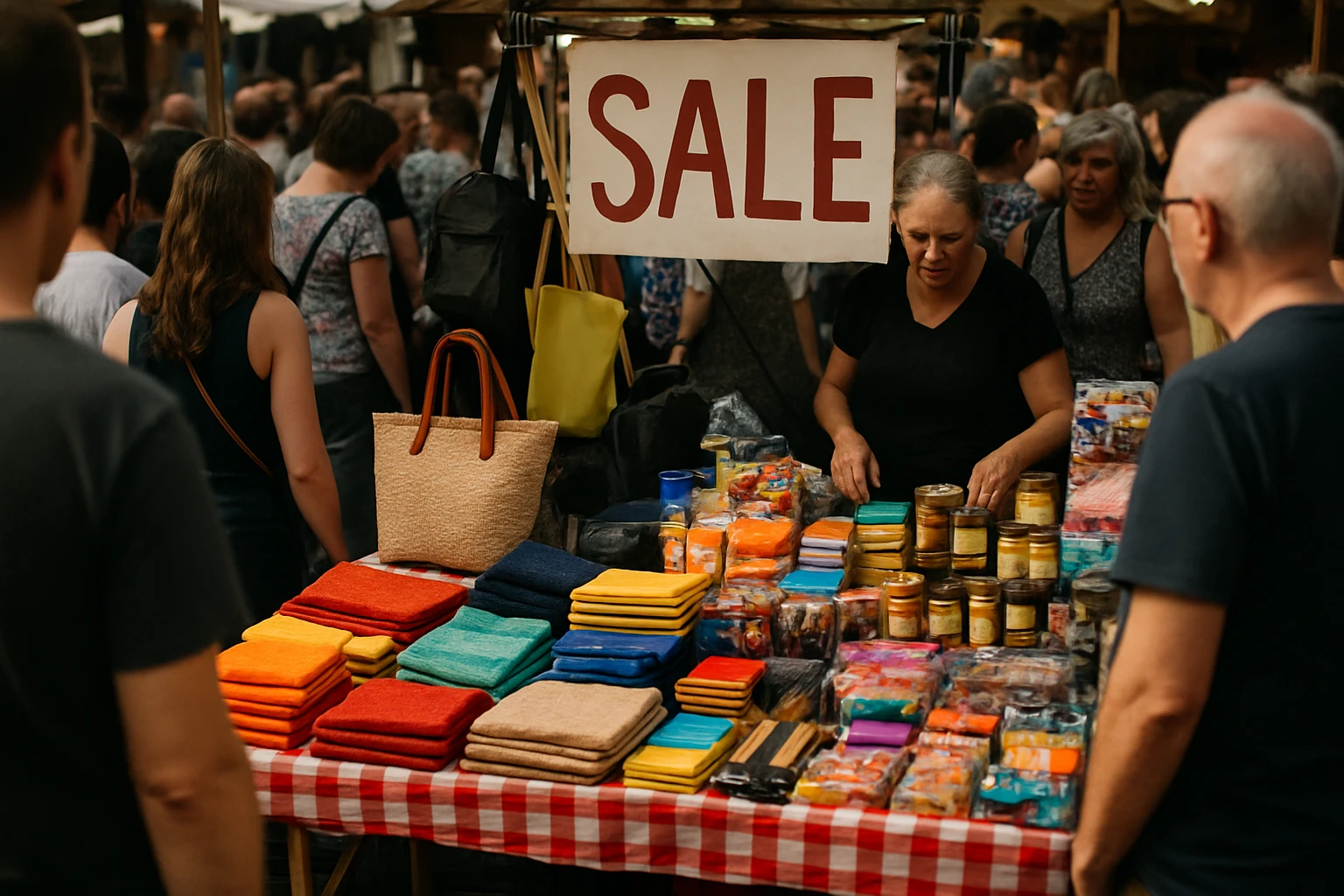 A bustling marketplace stall surrounded by a crowd, with a handwritten 