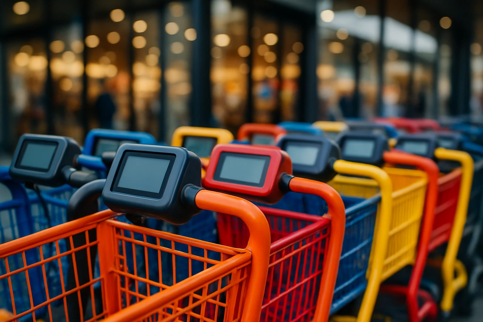 A close-up of a series of brightly colored shopping carts lined up outside a bustling, modern retail store, each cart featuring a small digital screen for customer interaction, symbolizing innovative ways to enhance consumer engagement and conversion rates.
