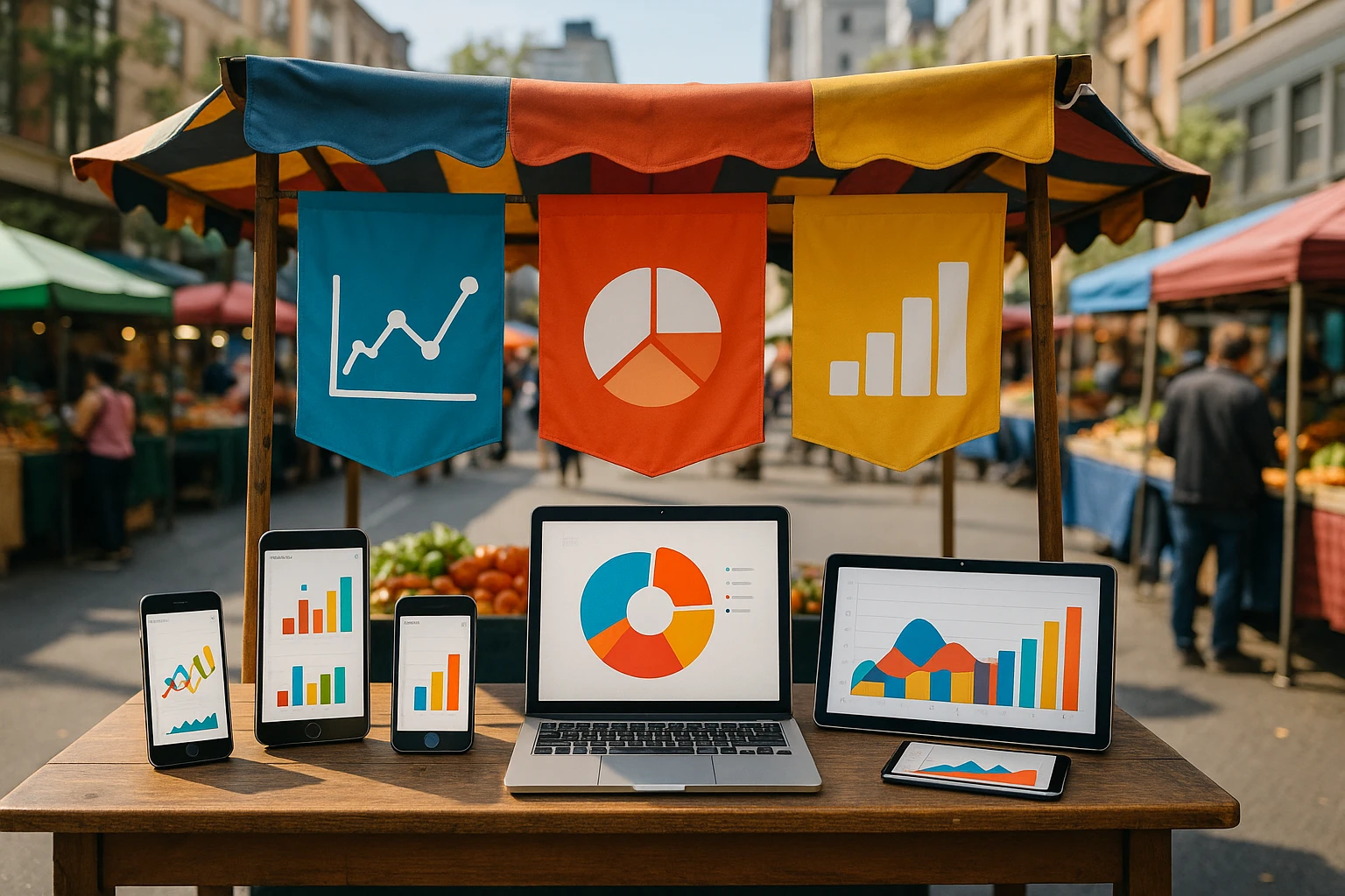 A vibrant outdoor market stall with colorful banners displaying CRO tools, such as charts and graphs on tablets and smartphones, set against a bustling city backdrop.