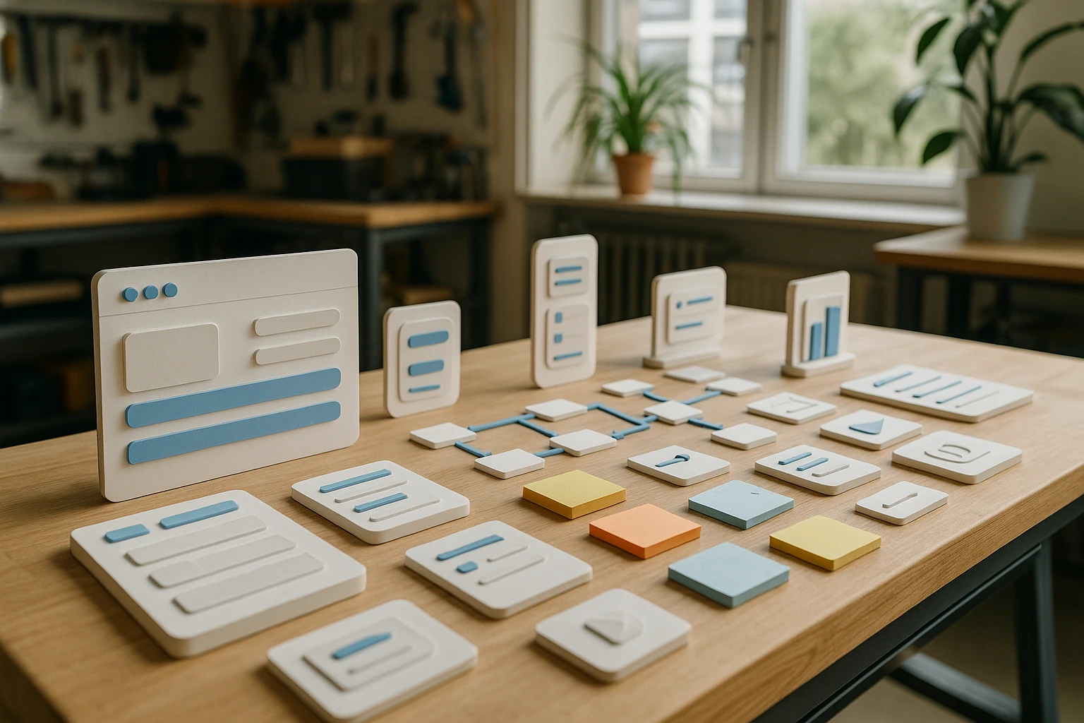 A neatly organized workbench filled with various CRO tool prototypes, including physical models of user interface elements, flowcharts, and sticky notes with data points, set against a backdrop of a bright workshop with large windows and potted plants.