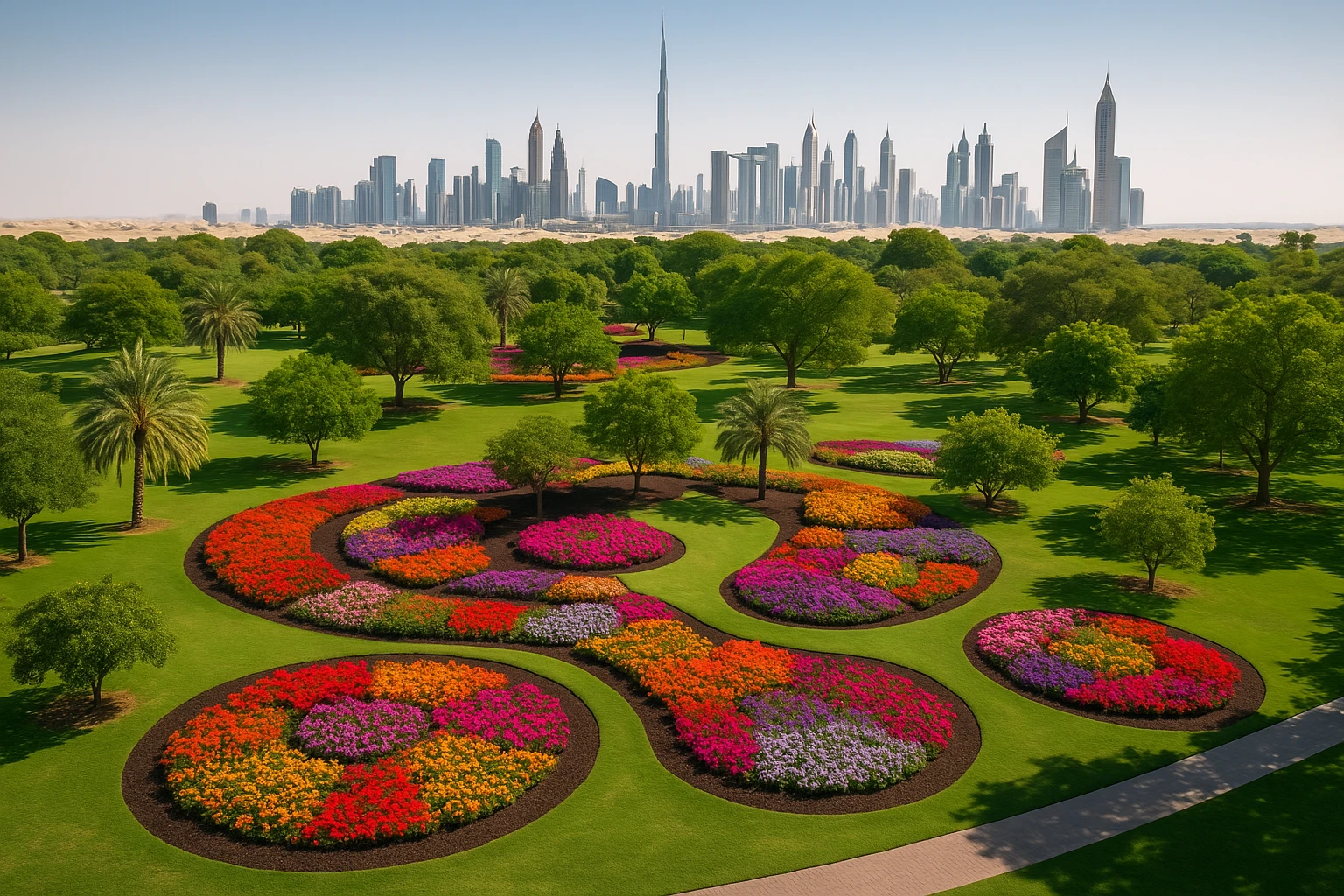 Aerial view of a lush urban park in Dubai, featuring vibrant flower beds and trees surrounded by a rich layer of dark mulch, with iconic skyscrapers and desert dunes visible in the background.