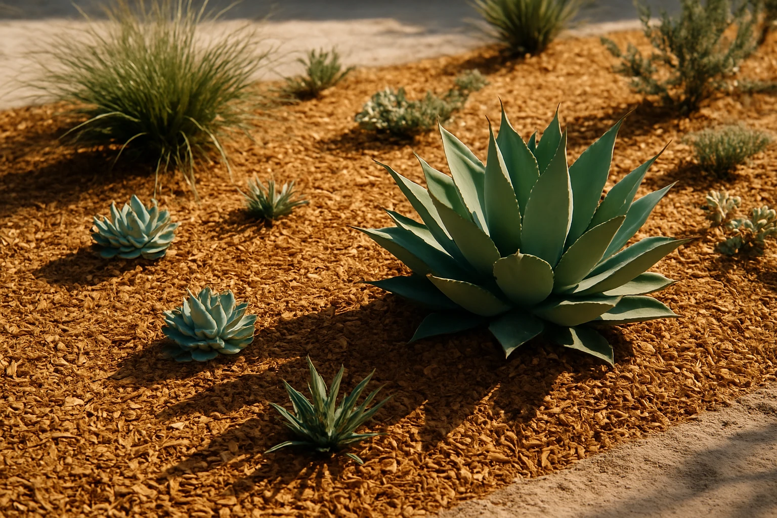 A close-up of a garden bed in Dubai featuring desert-adapted plants like succulents and native grasses, with a thick layer of golden-brown mulch under bright sunlight, highlighting the contrast between the lush plants and arid surroundings.