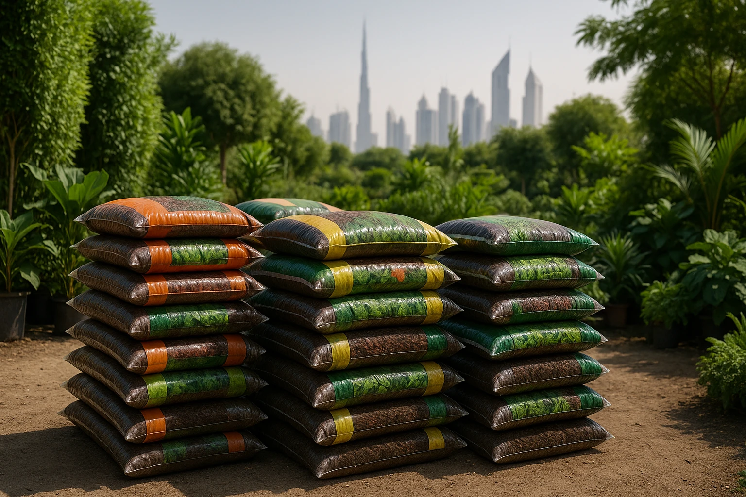 Stacks of organic mulch bags with vibrant labels in an outdoor garden center in Dubai, surrounded by lush greenery and glimpses of the city skyline in the background.