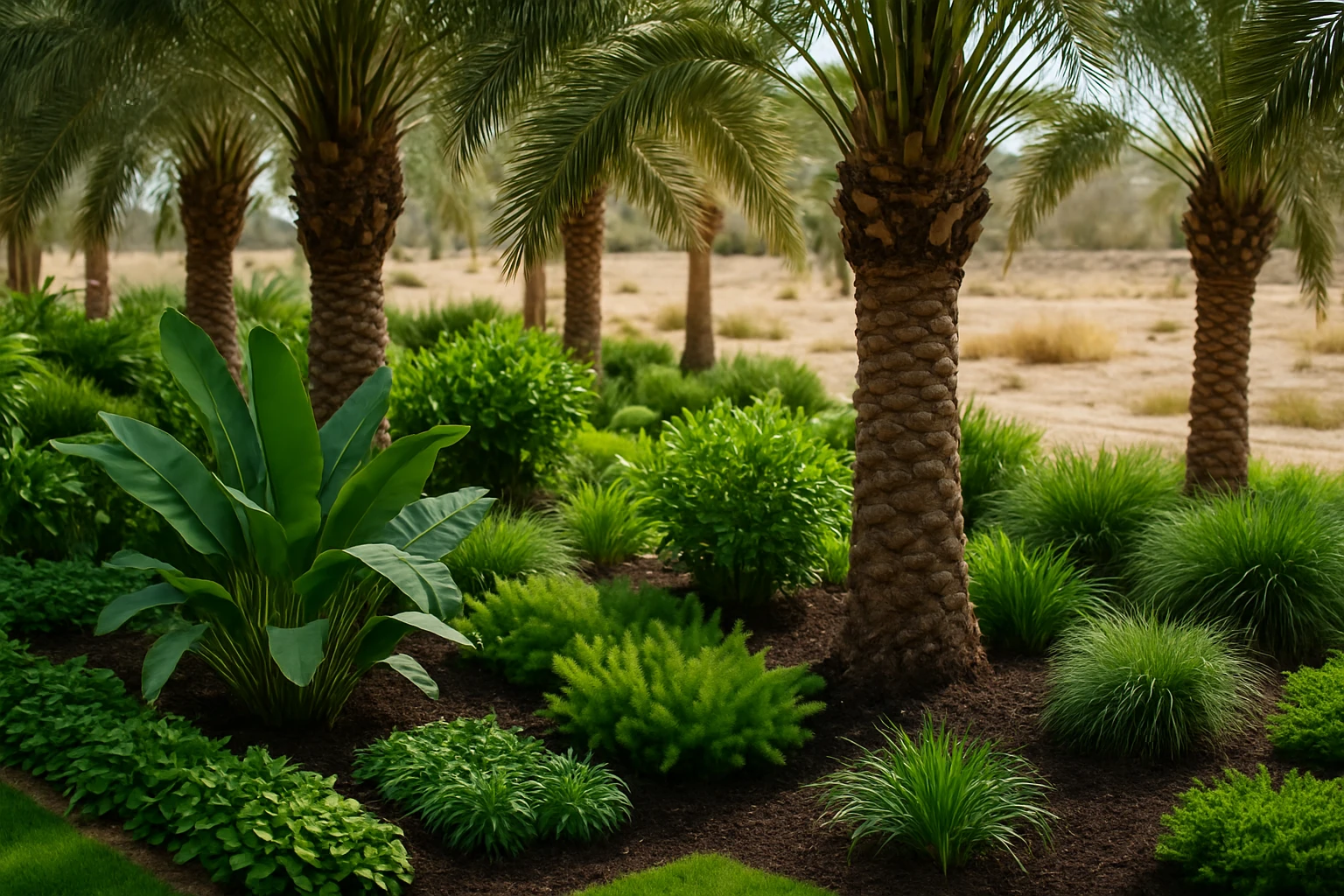 A lush, green garden in Dubai with various plants thriving under the shade of palm trees, their bases covered with a rich layer of dark mulch, contrasting against the sandy, arid background, highlighting efficient water retention and sustainable gardening practices.