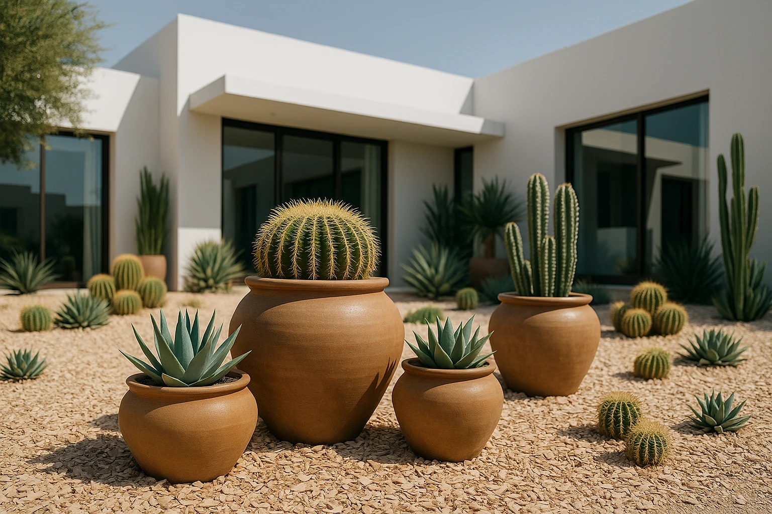 A modern, desert-themed garden in Dubai featuring large ceramic pots filled with succulents and cacti, surrounded by a neatly spread layer of light-colored wood chips as mulch, set against a backdrop of a sleek, white contemporary villa.