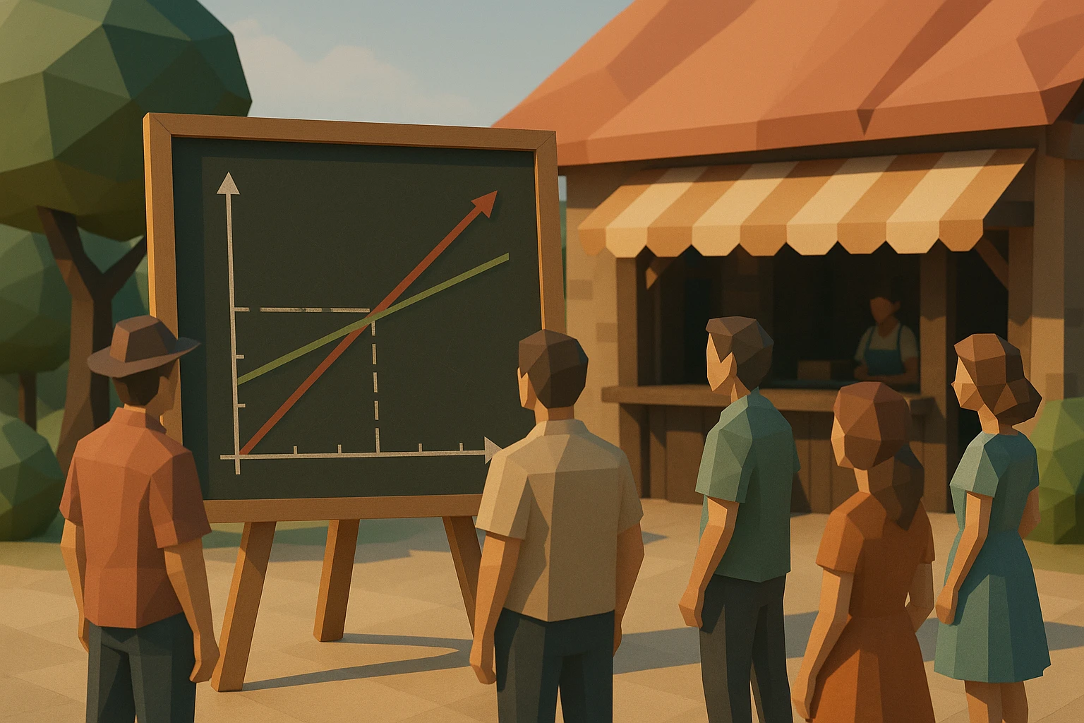 A chalkboard outdoors displaying a detailed break-even analysis chart, with a rustic café in the background and a small crowd of curious onlookers observing the illustration.