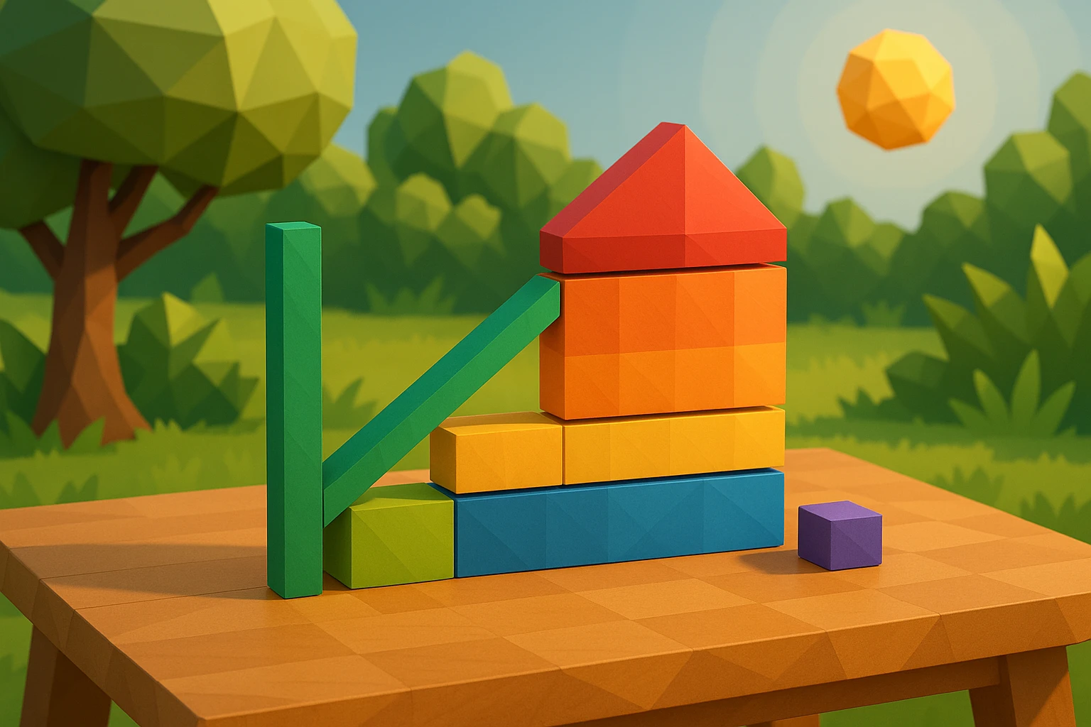 A wooden table filled with colorful toy blocks representing a break-even analysis diagram, with each block labeled as different cost components, set in front of a sunny garden backdrop.