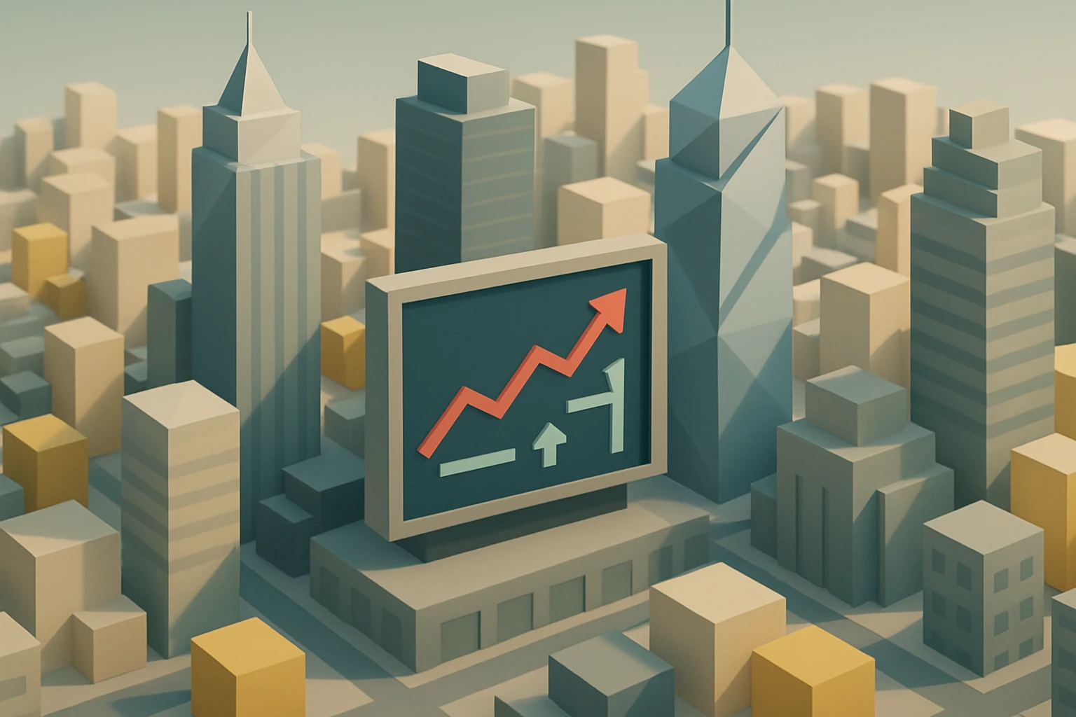 Aerial view of a city skyline with a prominent financial district, featuring modern skyscrapers and a large digital billboard displaying a graph with arrows indicating financial growth and balance.