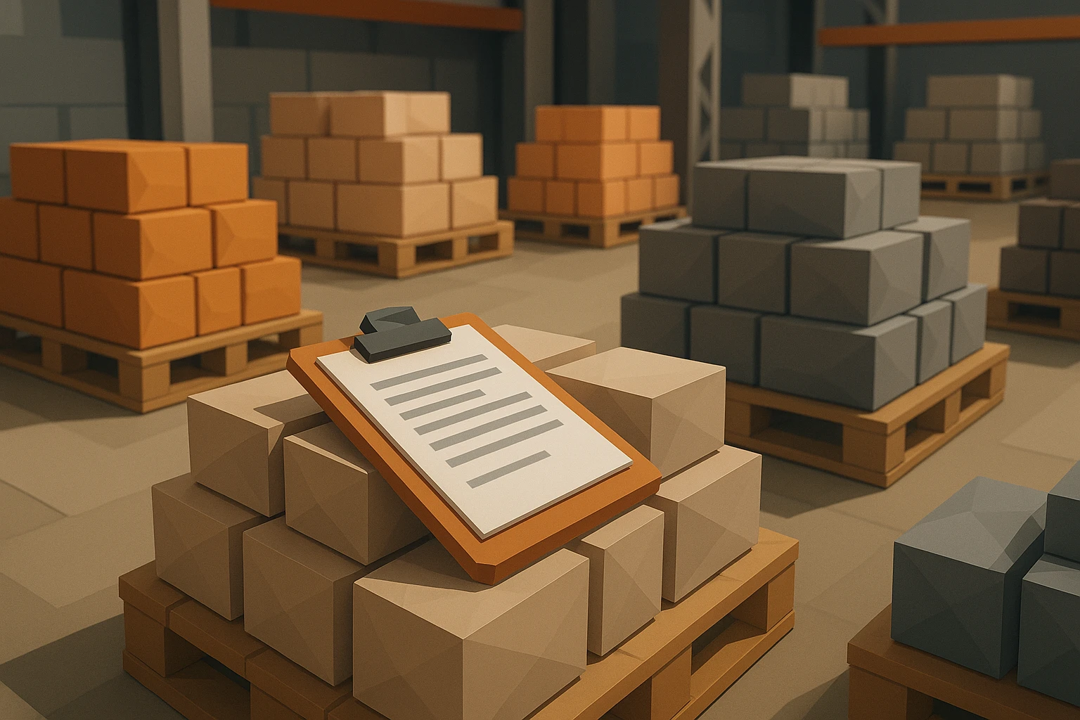 A close-up of an Italian manufacturing plant's warehouse, featuring stacks of raw materials organized on wooden pallets, with a clipboard listing new financial agreements and restructuring plans resting on top.