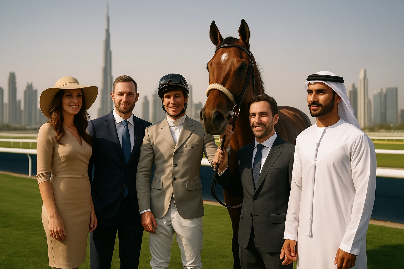A group of well-dressed individuals gathered around a sleek racehorse at a pristine UAE racetrack, with the iconic Burj Khalifa visible in the background, showcasing the blend of luxury and sport.